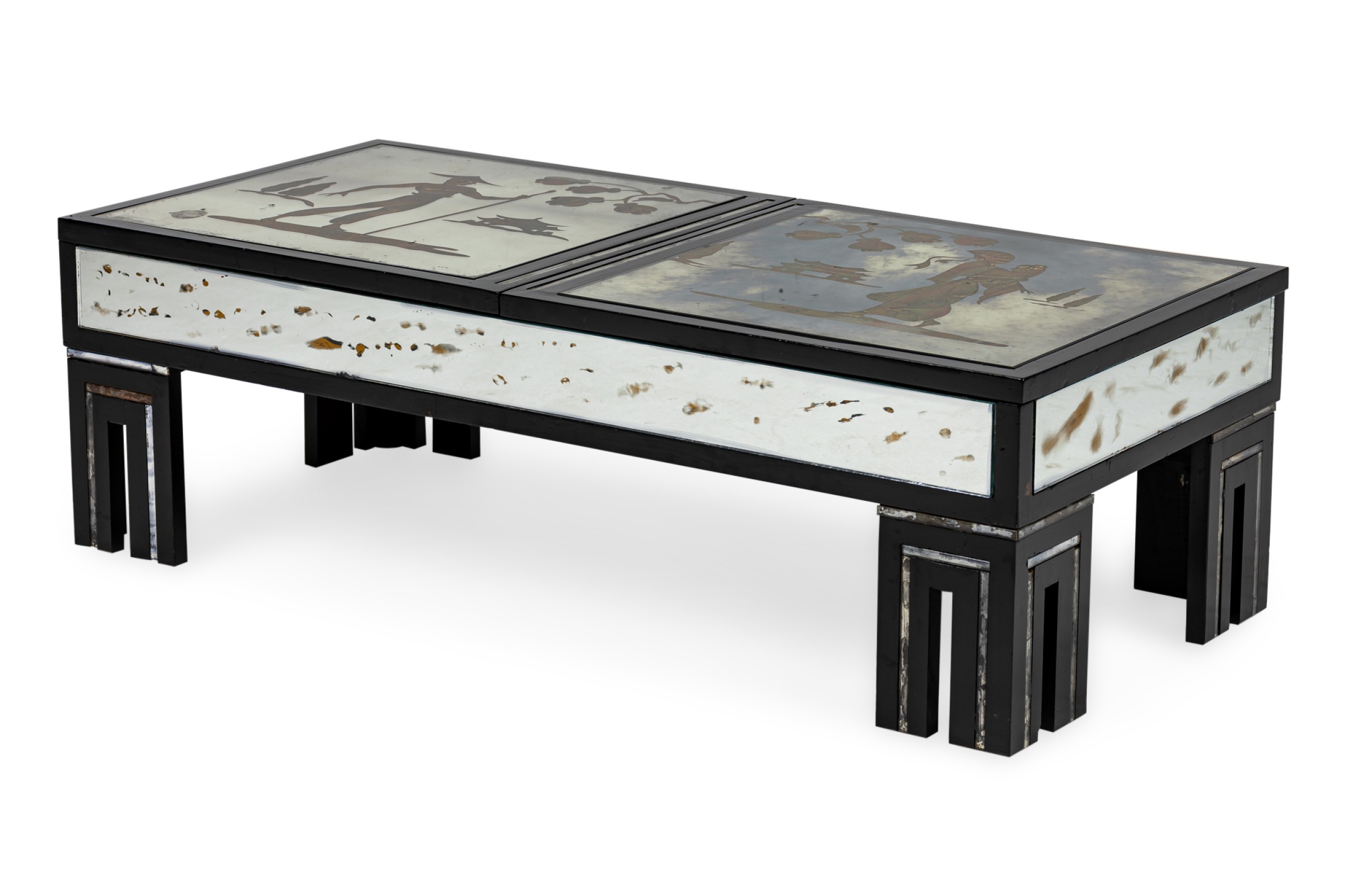 Maison Jansen French Mid Century Black Lacquer and Eglomise Low Table